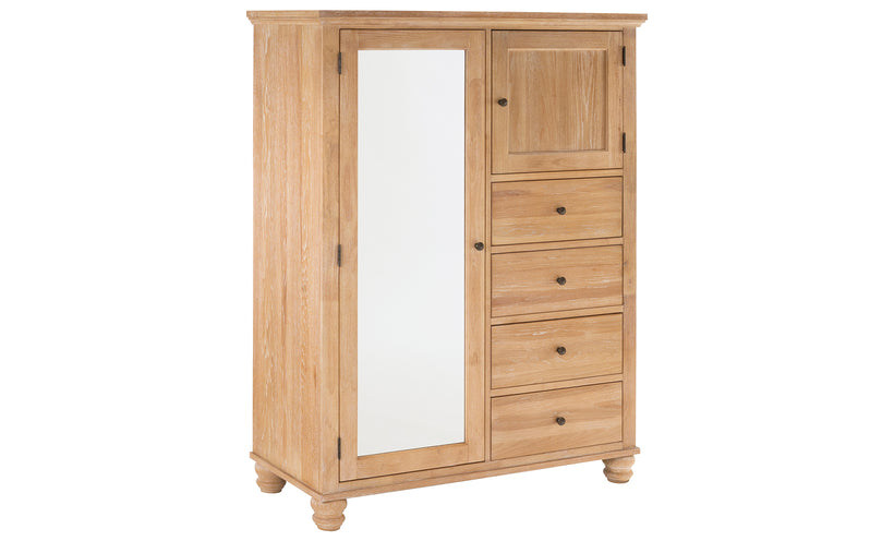 Wooden wardrobe with a mirror door on a white background
